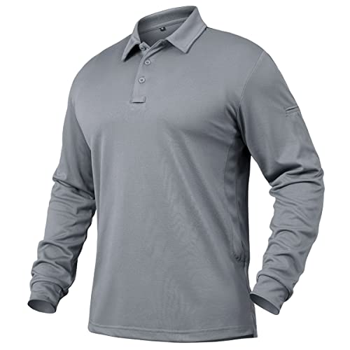 NAVEKULL Men's Long Sleeve Polo Shirt Quick Dry Lightweight Golf Collared Shirt Spring UPF 50+ Solid Work Casual Pique Polo Shirt Sport Workout Outdoor Fishing Hiking T Shirt Grey