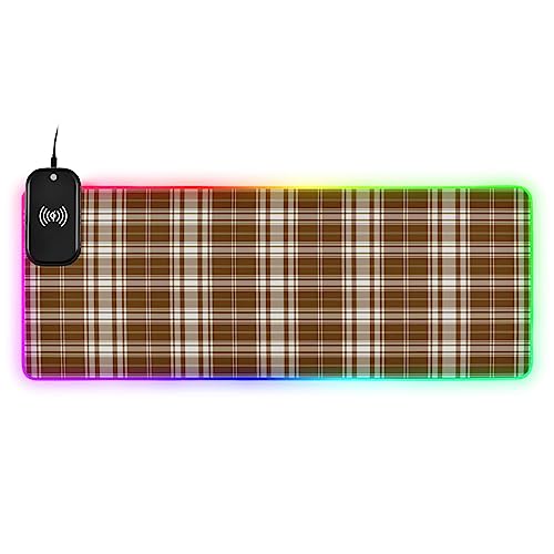 Nesatuwa Vintage Brown Plaid Classial Buffalo Check Tartan Mouse Pad with Wireless Charging 15W Fast Wireless Chargering Non-Slip Keyboard Pad 14 Light Modes Gaming Mouse Pad 31.5 'X11.8