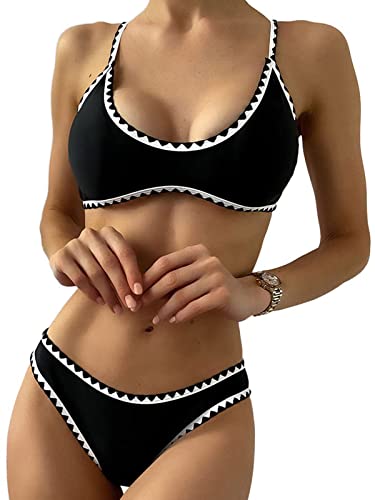 ZAFUL Women's Basic Two-Piece Contrast Trim Crochet Push Up Bikini Set Textured Spaghetti Straps Wire Free Bathing Suit(Small,Black)