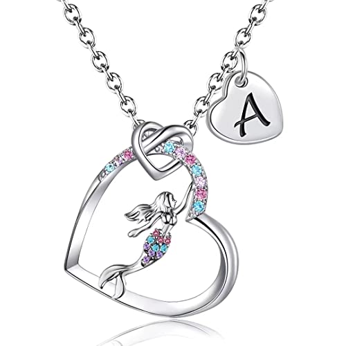 BAOWING Mermaid Gifts for Girls Mermaid Necklaces for Teen Girls Heart Initial Mermaid Tail Pendant Rainbow Crystal Jewelry Gifts for Daughter Granddaughter Niece Teen Girl Letter A