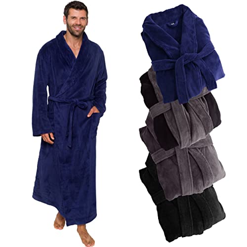 Ross Michaels Mens Robe Big & Tall Shawl Collar Wrap Style - Long Plush Fleece Bathrobe (Navy, Large-X-Large)