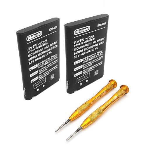 Sunvalley Pack 2 New3DS Rechargeable Li-ion Battery 4 Hours Long Life Replacement, for New 3DS Handheld Game Consoles, Model KTR-003 Large 1500mAh Capacity 3.5V Lithium Batteries with Repair Tools
