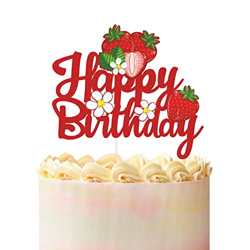 Strawberry Happy Birthday Cake Topper,Red Glitter Summer Fruit Garden Theme Bday Party Decoration Photo Props for Girls,Fruit Sign Sweet One Girls 1st Birthday Party Supplies.