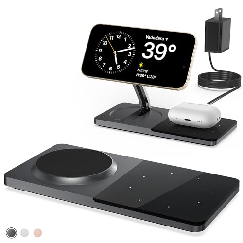 Mag-Safe Charger Stand for iPhone， Wireless Charger Stand for Apple Products, 2 in 1 Magnetic Charging Station for iPhone 15/14/13/12 Series, Airpods 3/2/Pro with Adapter (Black)