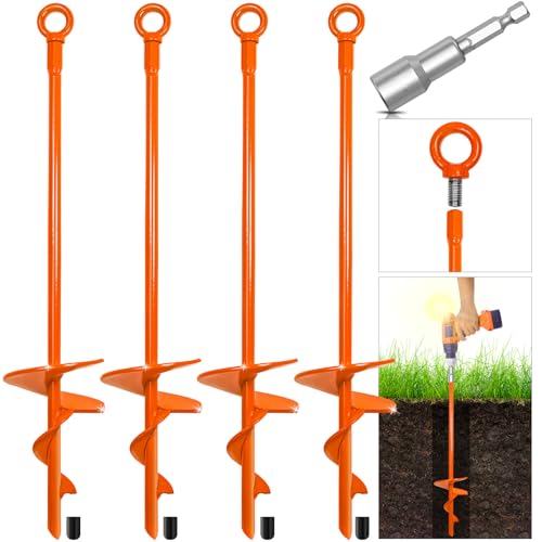 15' Upgraded Earth Ground Anchor,4 Pack Spiral Earth Anchors for Trampoline,Shed Anchor Swing Set for High Winds,Heavy Duty Earth Anchors for Tents,Canopies,Adapter Included