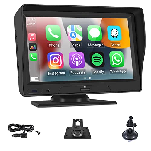 Portable Car Radio with Wireless Apple Carplay & Android Auto, 7' HD Touch Screen Car Stereo Recorder with Bluetooth FM Voice Assistant WDR HD Camera for Cars Trucks RVs 7-32V