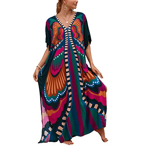 sunforyou Kaftan dresses for Women Plus size Lightweight Swimsuit Cover up Batwing Sleeve Print Loungewear Beach Robe (9141)