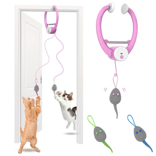 Cat Toys, Hanging Automatic Interactive Cat Toy, Colorful Bouncing Mice, Extra Long Elastic Rope, Motion Activated Rechargeable Cat Feathers Toys,Interactive Cat Toys for Indoor Cats/Kittens(Pink)
