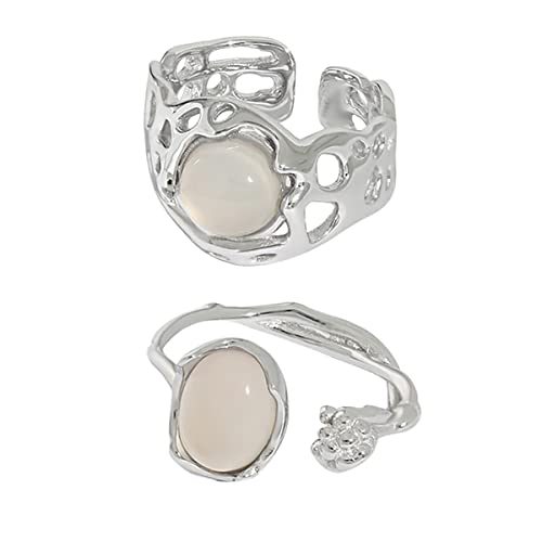 KURTCB Carnelian Rings Set Y2k Grunge Irregular Agate Opal Moonstone Bud Flower Finger Rings Opening Adjustable Rings for Women Downtown Girls (White Ring)