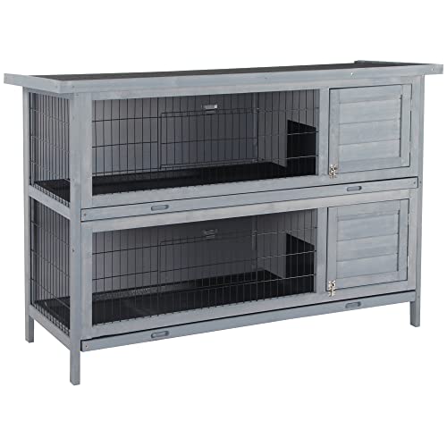 PawHut 54' 2-Story Large Rabbit Hutch Bunny Cage Wooden Pet House Small Animal Habitat with Lockable Doors, No Leak Tray and Waterproof Roof for Outdoor/Indoor Grey