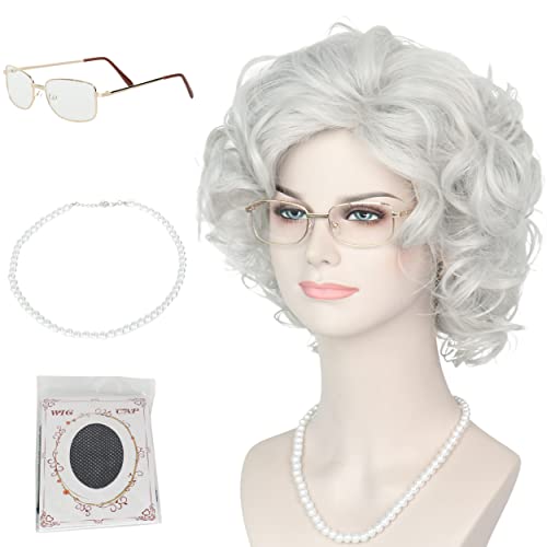 Yan Dream Old Lady Wigs Old Woman Costume Set Silver Grey Grandma Wig Granny Glasses Pearl Necklace Accessories for Halloween