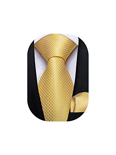 DiBanGu Solid Yellow Tie for Men Wedding Business Silk Necktie Handkerchief Plain Ties and Pocket Square Set