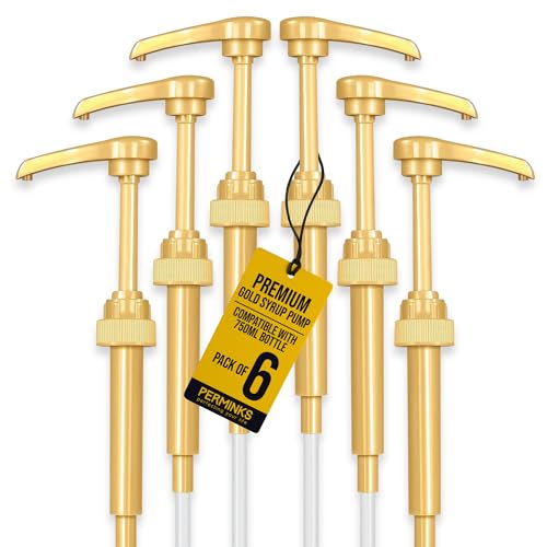 Premium Gold Syrup Pumps Set Of 6 | Fits 750ml Bottles | Ideal For Coffee Syrups, Snow Cones, Flavorings & More | No Clogging, Spilling & Dripping Fixed Angle Pump