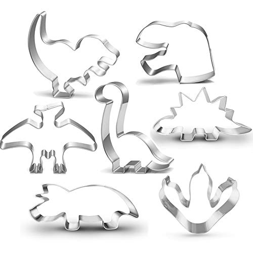 LUBTOSMN New Dinosaur Cookie Cutter Set-7 Piece-Dinosaur Footprint and Head, Tyrannosaurus(T-Rex), Brontosaurs, Spinosaurus, Triceratops, Pterodactyl, Baking Mold for Kids Dinosaur Birthday Party