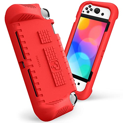 Fintie Kids Case for Nintendo Switch OLED Model 2021 with 2 Game Card Slots - [Kids Friendly] Ultralight Shockproof Protective Cover, Ergonomic Grip Case for Switch OLED Model Console 7.0', Red