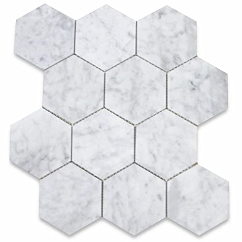 Stone Center Online Carrara White Marble 4 inch Hexagon Mosaic Tile Polished Kitchen Bath Wall Floor Backsplash Shower (1 Sheet)
