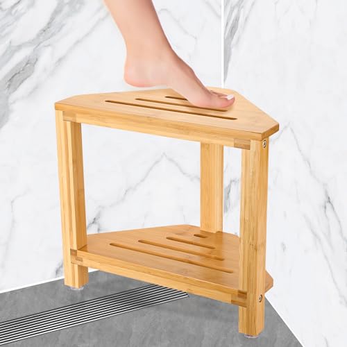 IBosins Corner Shower Stool Shower Foot Rest for Shaving Legs Small Shower Bench for Inside Shower to Sit on Bath Stool with Storage Shelf Bamboo Wood Shower Accesories