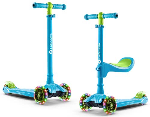 LaScoota 2-in-1 Kids Kick Scooter, Adjustable Height Handlebars and Removable Seat, 3 LED Lighted Wheels and Anti-Slip Deck, for Boys & Girls Aged 3-12 and up to 100 Lbs.