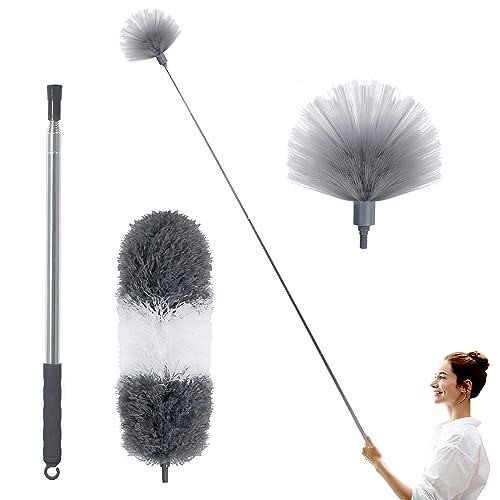 BOOMJOY Cobweb Duster with Extension Pole, Spider Web Brush with Pole, 100 inches Microfiber Feather Duster, Washable Dusters for Ceiling Fan, High Ceiling, Blinds, Cobweb, Furniture