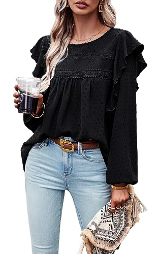 PRETTYGARDEN Women's Long Sleeve Blouses Ruffle Swiss Dot Crochet Loose Fit 2023 Fall Tunic Dressy Casual Tops Black