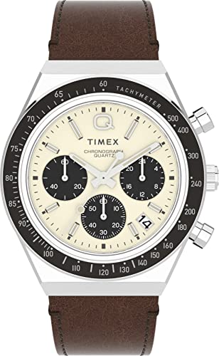 Timex Q Men's 40mm Watch – Cream Dial Silver-Tone Case Brown Leather Strap, Cream/Brown, One Size, 40 mm Leather Watch