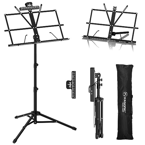 K KASONIC - Music Stand, 2 in 1 Dual-Use Folding Sheet Music Stand & Desktop Book Stand, Portable Lightweight with Music Sheet Clip Holder & Carrying Bag Suitable for Instrumental Performance (Black)