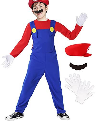 Oskiner Mario Costume for Kids Boys-Halloween Kids Cosplay Plumber with Accessory