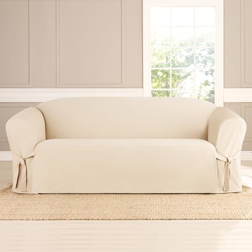 SureFit Heavyweight Cotton Duck Sofa Slipcovers, Heavyweight Cotton Sofa Cover, One Piece Design, Couch Cover with Seat Elastic and Adjustable Corner Ties, Natural