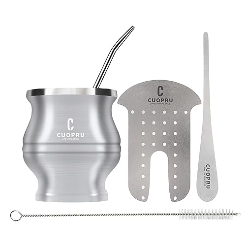 Cuopru Yerba Mate Cup Bombilla - Mate Gourd Set Includes Double Walled Stainless Steel Tea Cup, Tea Shaper set, Bombilla Straws, Cleaning Brush