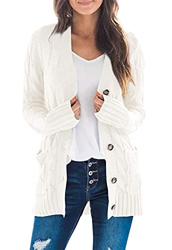 ZESICA Women's 2023 Fall Casual Long Sleeve Button Down Open Front Cable Knit Cardigan Sweater Coat,Beige,Small