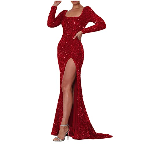 JWZUY Past Orders 2023 Sparkly Sequin Wedding Guest Dress for Women Square Neck Long Sleeve High Slit Formal Evening Cocktail Party Prom Gown Red