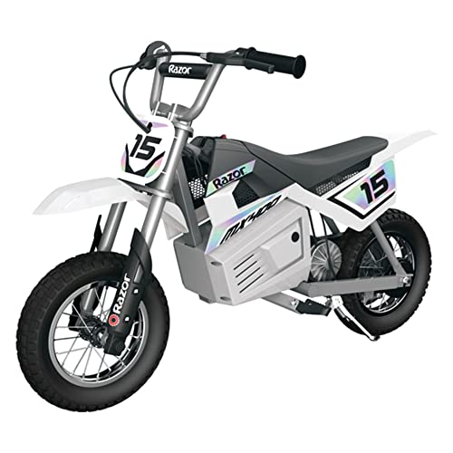 Razor MX400 Dirt Rocket 24 Volts Motocross Electric Dirt Bike with Hand Operated Brakes, Retractable Kickstand, and Folding Metal Pegs, White