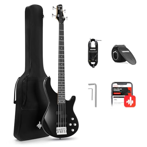 Donner Electric Bass Guitar 4 Strings Full-Size Standard Bass PJ-Style Electric Bass for Adults with Free Online Lesson, Gig Bag Guitar Strap and Guitar Cable Included, DPJ-100, Black