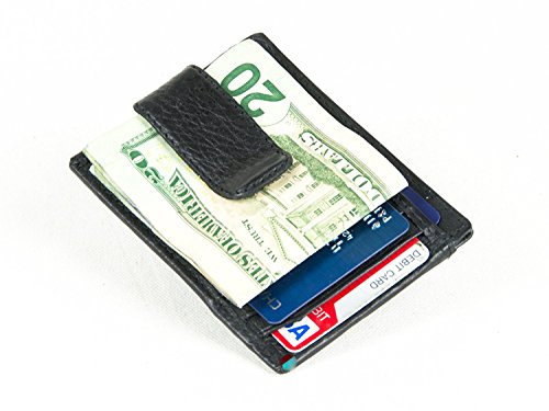 Goson Leather Money Clip Credit Card Holder - Leather Wrap Spring Clip Mini Wallet Credit Card ID Holder Black