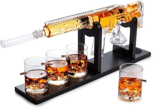 Whiskey Decanter Set - AR Limited Edition, Silencer Stopper - 800 ml & 4 12oz Bullet Glasses - Unique Gift - Drinking Party Accessory, Handmade Gun Liquor Decanter, Tik Tok Gun Decanter Mens Birthday