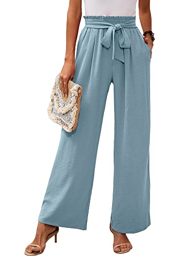 Heymoments Women's Wide Leg Lounge Pants with Pockets Blue Gray Large Lightweight High Waisted Adjustable Tie Knot Loose Comfy Casual Trousers