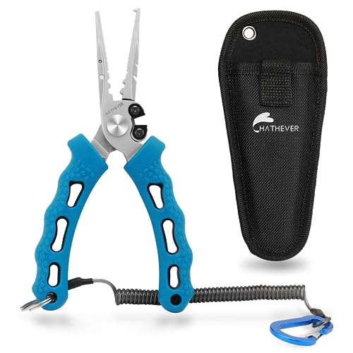Hathever Fishing Pliers, Hook Remover Split Ring Pliers with Sheath and Lanyard, Corrosion Resistant Teflon Coated Fishing Gear with Non-Slip TPR Handles