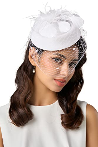 BABEYOND Fascinator Hat Veil Feather Fascinators Hair Clip Tea Party Pillbox Derby Hat Fascinator Bridal Wedding Veil