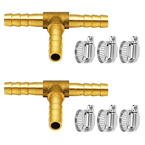 Da by 2 pcs 1/4'(6mm) Brass Tee Barb Fittings for 1/4' ID Hose,6 pcs Stainless Steel Pipe Clamps,3 Way Union Intersection for Water/Fuel/Air(T)