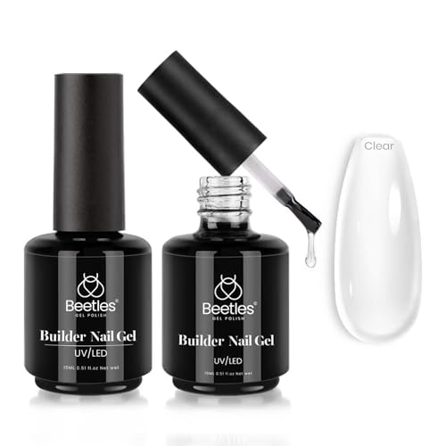 beetles Gel Polish 7 in 1 Clear Builder Nail Gel Set, 2Pcs 15ml Building Gel for Nail Apex Brush in Strengthener Hard Gel Extension Nail Glue Gel in a Bottle, Led Nail Lamp Gel Rhinestone