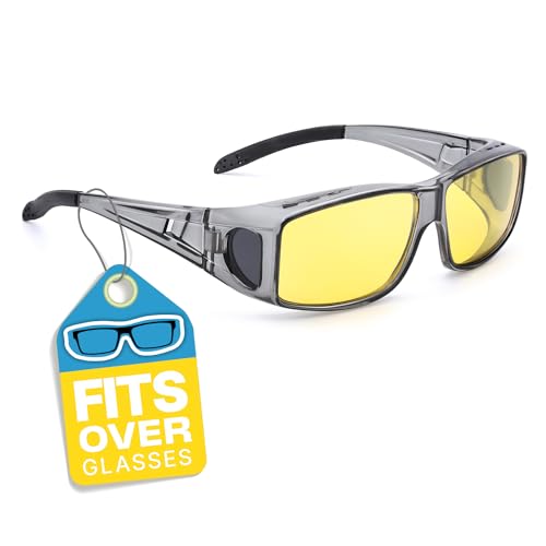 LVIOE Wrap Around Night-Vision Glasses, Fit Over Prescription Glasses with Polarized Yellow Lens Night-Driving Glasses