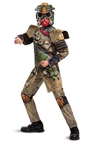 Disguise Apex Legends Bloodhound Costume, Video Game Inspired Muscle Padded Jumpsuit and Mask, Child Size Large (10-12), Green & Tan