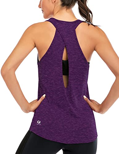 ICTIVE Women's Cross Backless Yoga Tank Top - Racerback, Open Back, Dark Purple, L