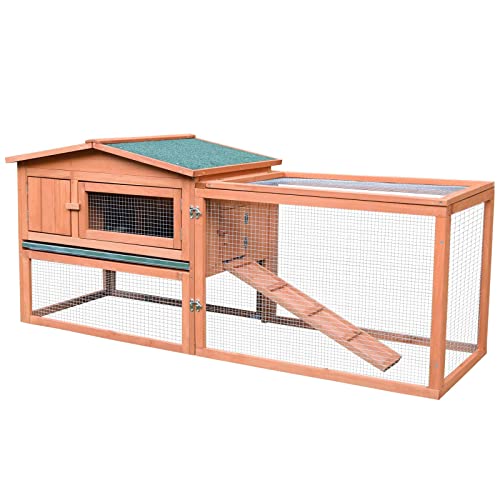 PawHut Rabbit Hutch 2-Story Bunny Cage Small Animal House with Slide Out Tray, Detachable Run, for Indoor Outdoor, 61.5' x 23' x 27', Natural