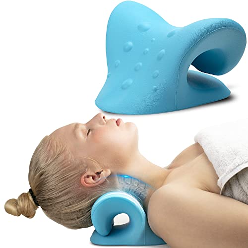 Neck Stretcher Cervical Traction, FSA HSA Eligible, Neck and Shoulder Relaxer for Pain Relief, Ergonomic Neck Pillow, Neck Hump Corrector, Cervical Spine Alignment, Neck Curve Corrector (Light Blue)