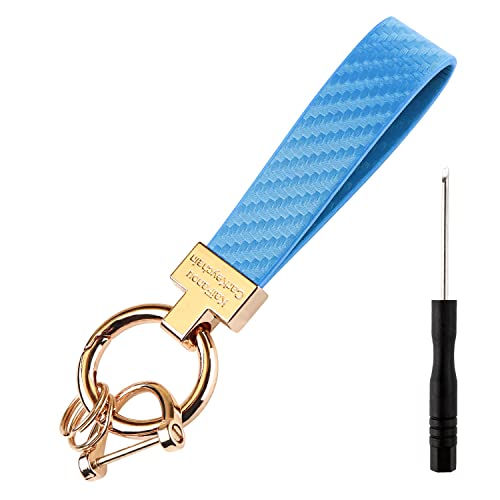 Turcee Carbon Fiber Car Keychain,Automotive Interior Accessories Keychains Leather Car Key Fob &Anti-Lost D-Ring (Blue)