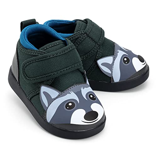 ikiki Sneaks Raccoon Shoes for Toddlers and Little Kids. Roomy fit Sneakers - Note: Non Squeaking - Vegan Leather Toe and Heel (Robert Sneakmiser, Wide Width, Size 6 Toddler)