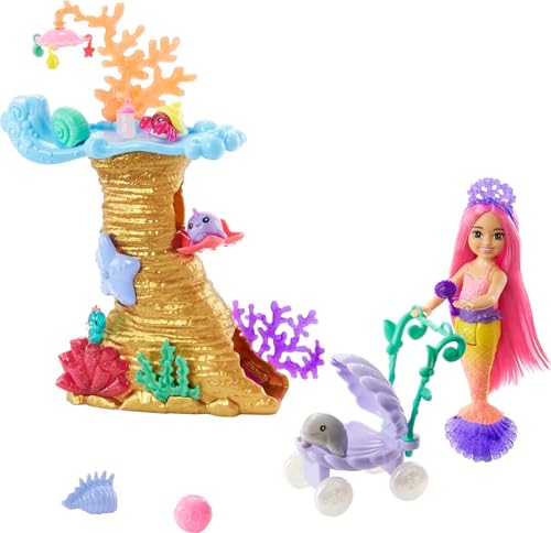 Barbie Mermaid Power Doll & Playset, Chelsea Mermaid Doll with 4 Sea Animal Pets, Coral Reef Play Area, Stroller & Accessories