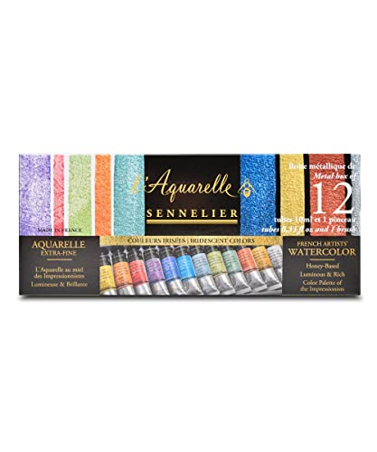 Sennelier French Artists' Watercolor Set, 10ml Tubes, 12-Color Iridescent Tin Set
