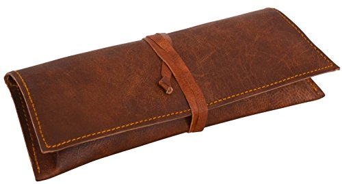 Full Grain Genuine Handmade Leather Pencil Case Pouch, Multi-Purpose Storage Wrap for Scissors, Earphones, Pen & Pencil and Also Makeup Brushes (Brown)